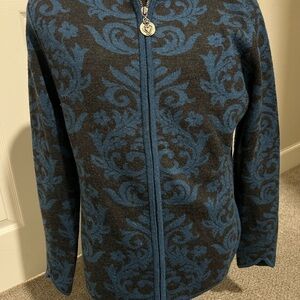 Women’s Blue and Black Paisley Wool Ski Sweater
